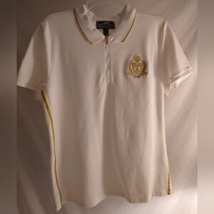 RARE L-RL LAUREN ACTIVE PARTIAL ZIP WHITE & GOLD POLO SHIRT L USA  (NWOT)